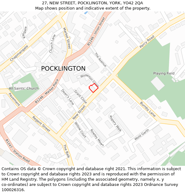27, NEW STREET, POCKLINGTON, YORK, YO42 2QA: Location map and indicative extent of plot
