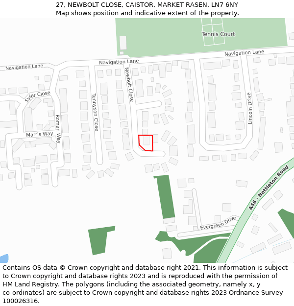 27, NEWBOLT CLOSE, CAISTOR, MARKET RASEN, LN7 6NY: Location map and indicative extent of plot