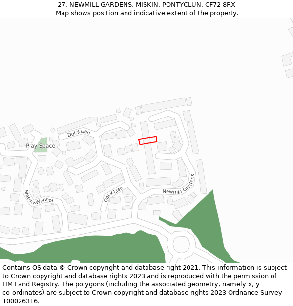 27, NEWMILL GARDENS, MISKIN, PONTYCLUN, CF72 8RX: Location map and indicative extent of plot