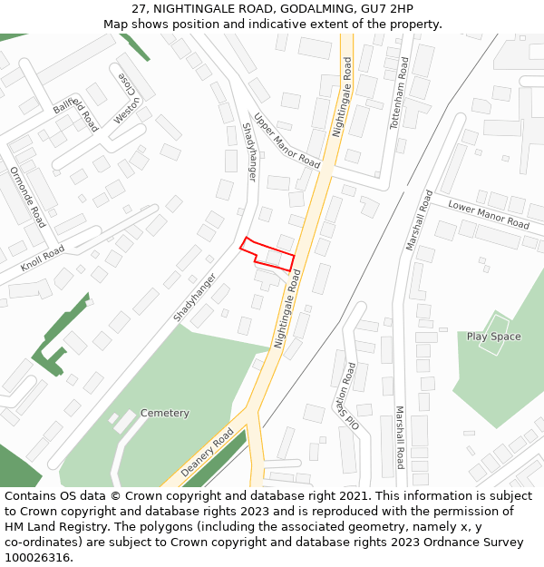 27, NIGHTINGALE ROAD, GODALMING, GU7 2HP: Location map and indicative extent of plot