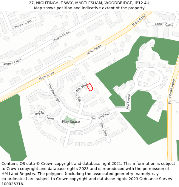 27, NIGHTINGALE WAY, MARTLESHAM, WOODBRIDGE, IP12 4UJ: Location map and indicative extent of plot