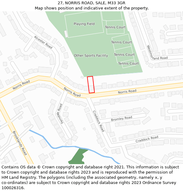 27, NORRIS ROAD, SALE, M33 3GR: Location map and indicative extent of plot