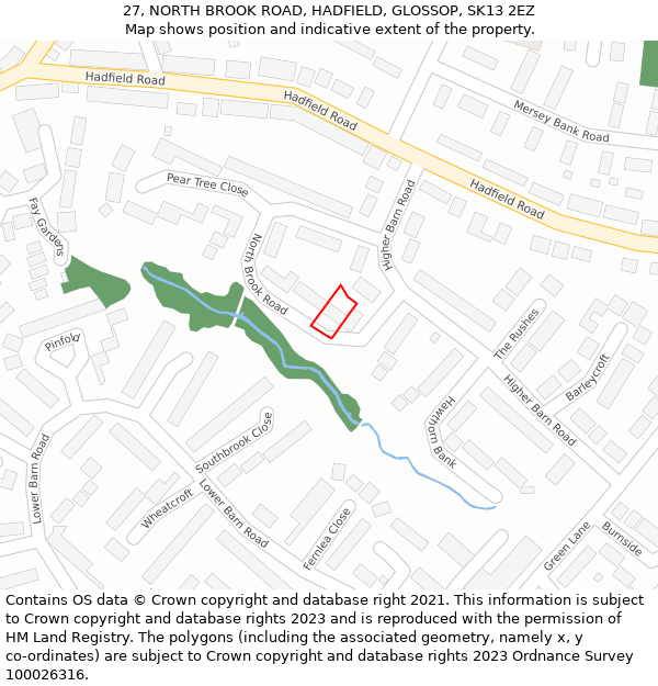 27, NORTH BROOK ROAD, HADFIELD, GLOSSOP, SK13 2EZ: Location map and indicative extent of plot