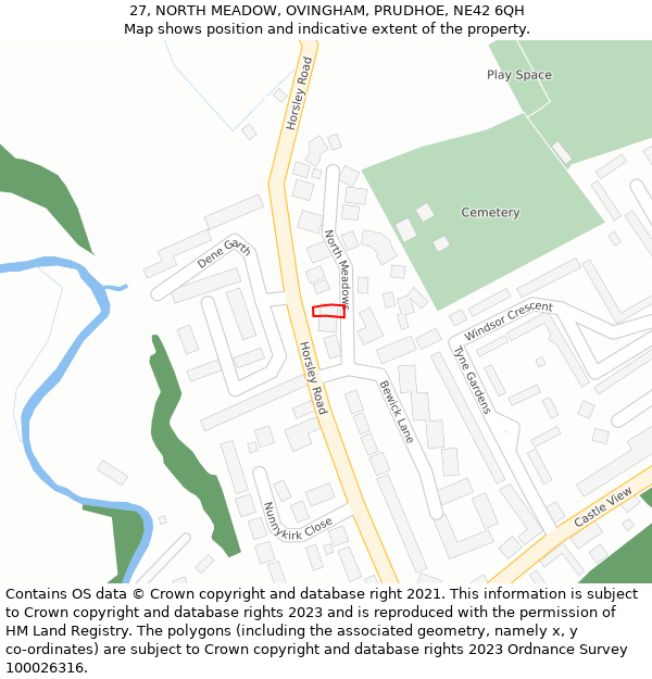 27, NORTH MEADOW, OVINGHAM, PRUDHOE, NE42 6QH: Location map and indicative extent of plot