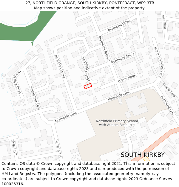 27, NORTHFIELD GRANGE, SOUTH KIRKBY, PONTEFRACT, WF9 3TB: Location map and indicative extent of plot