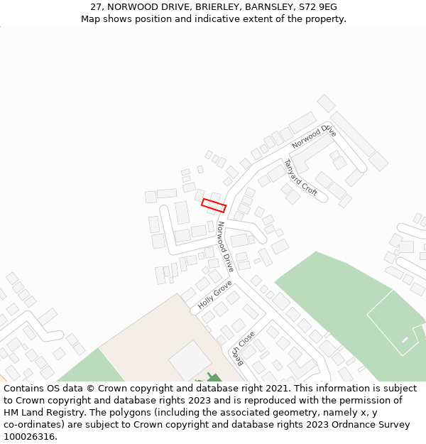 27, NORWOOD DRIVE, BRIERLEY, BARNSLEY, S72 9EG: Location map and indicative extent of plot