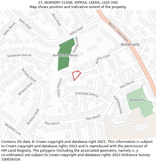 27, NURSERY CLOSE, KIPPAX, LEEDS, LS25 7AD: Location map and indicative extent of plot