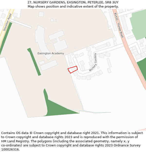 27, NURSERY GARDENS, EASINGTON, PETERLEE, SR8 3UY: Location map and indicative extent of plot