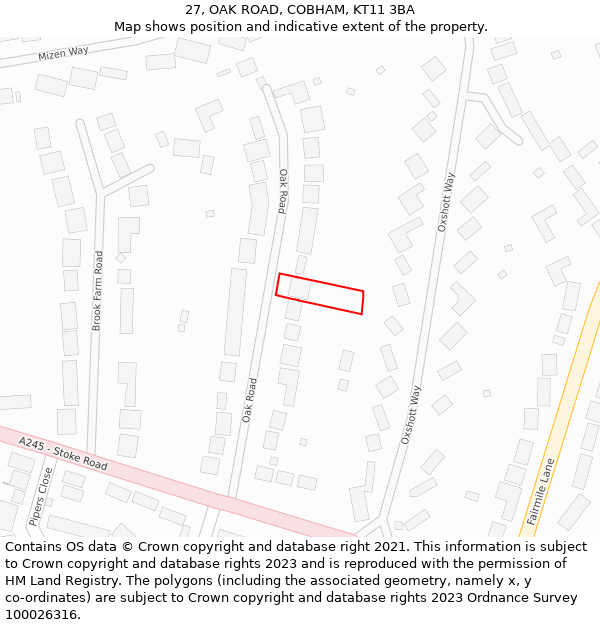 27, OAK ROAD, COBHAM, KT11 3BA: Location map and indicative extent of plot
