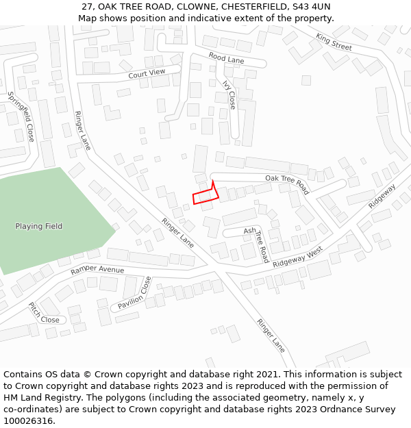 27, OAK TREE ROAD, CLOWNE, CHESTERFIELD, S43 4UN: Location map and indicative extent of plot