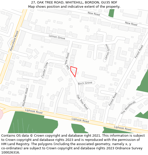 27, OAK TREE ROAD, WHITEHILL, BORDON, GU35 9DF: Location map and indicative extent of plot