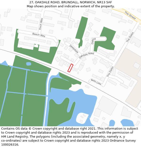 27, OAKDALE ROAD, BRUNDALL, NORWICH, NR13 5AF: Location map and indicative extent of plot