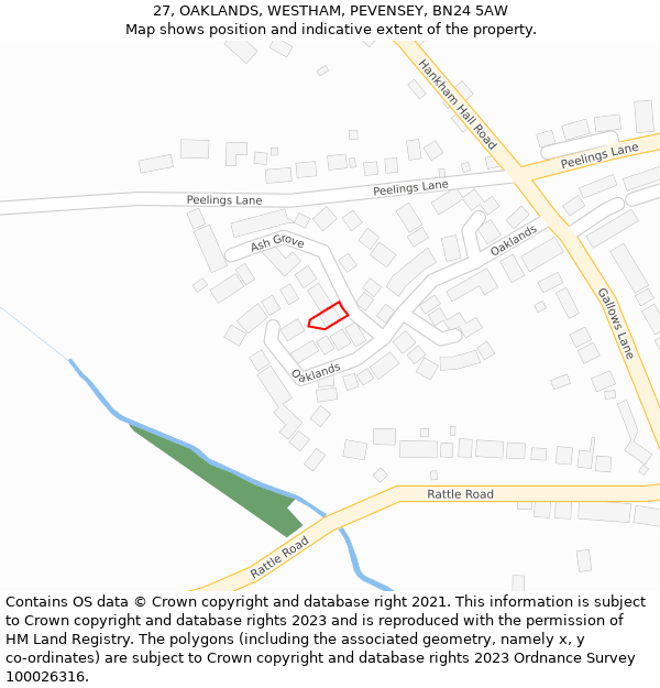 27, OAKLANDS, WESTHAM, PEVENSEY, BN24 5AW: Location map and indicative extent of plot