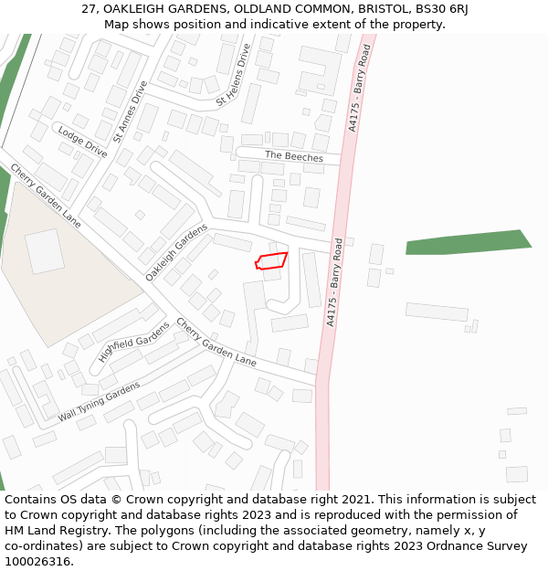 27, OAKLEIGH GARDENS, OLDLAND COMMON, BRISTOL, BS30 6RJ: Location map and indicative extent of plot