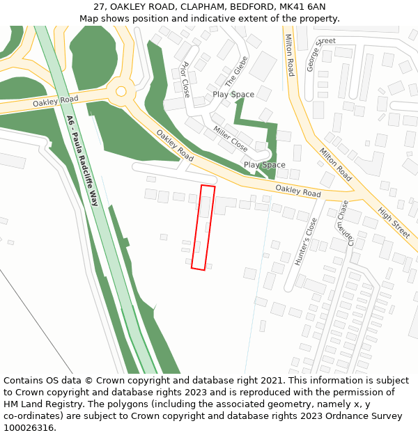 27, OAKLEY ROAD, CLAPHAM, BEDFORD, MK41 6AN: Location map and indicative extent of plot