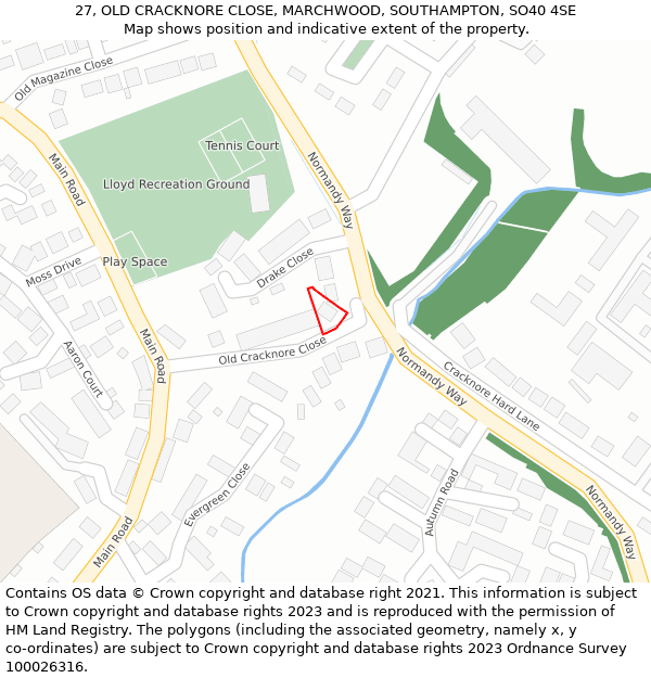 27, OLD CRACKNORE CLOSE, MARCHWOOD, SOUTHAMPTON, SO40 4SE: Location map and indicative extent of plot