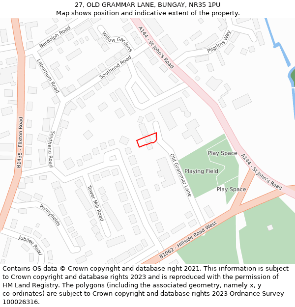 27, OLD GRAMMAR LANE, BUNGAY, NR35 1PU: Location map and indicative extent of plot