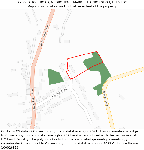 27, OLD HOLT ROAD, MEDBOURNE, MARKET HARBOROUGH, LE16 8DY: Location map and indicative extent of plot