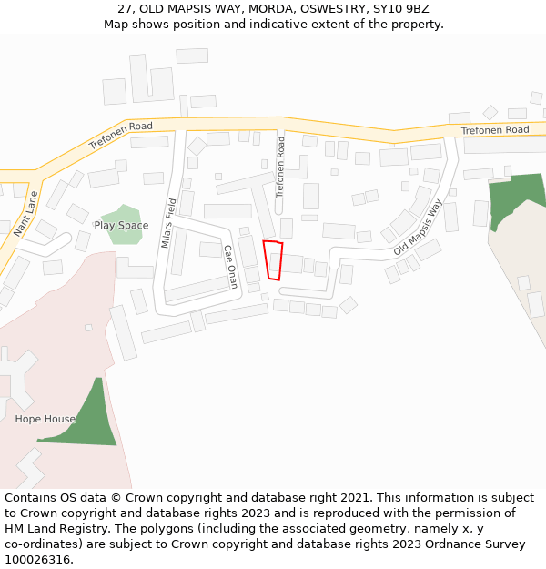 27, OLD MAPSIS WAY, MORDA, OSWESTRY, SY10 9BZ: Location map and indicative extent of plot