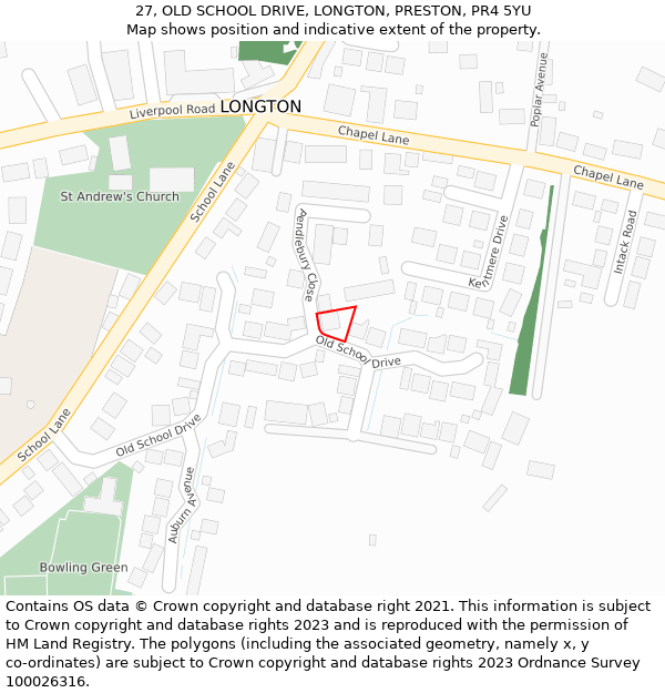 27, OLD SCHOOL DRIVE, LONGTON, PRESTON, PR4 5YU: Location map and indicative extent of plot