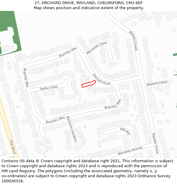 27, ORCHARD DRIVE, MAYLAND, CHELMSFORD, CM3 6EP: Location map and indicative extent of plot