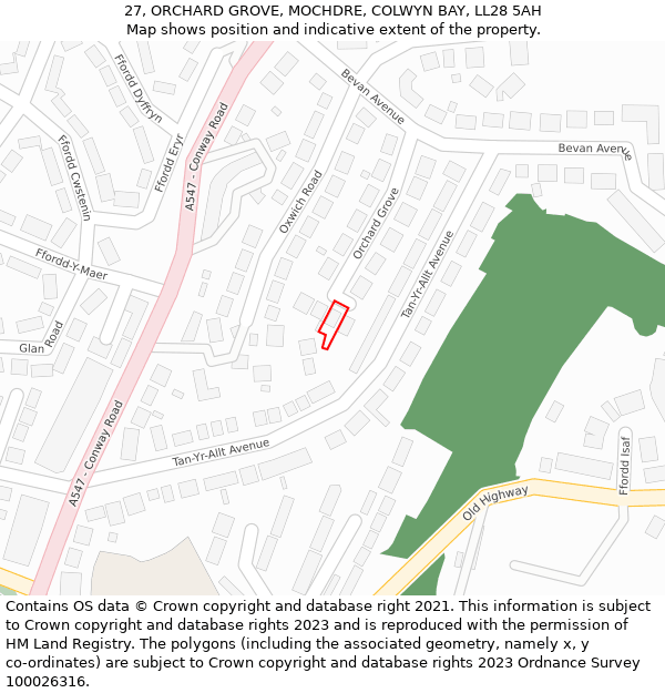 27, ORCHARD GROVE, MOCHDRE, COLWYN BAY, LL28 5AH: Location map and indicative extent of plot