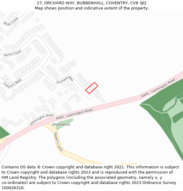 27, ORCHARD WAY, BUBBENHALL, COVENTRY, CV8 3JQ: Location map and indicative extent of plot