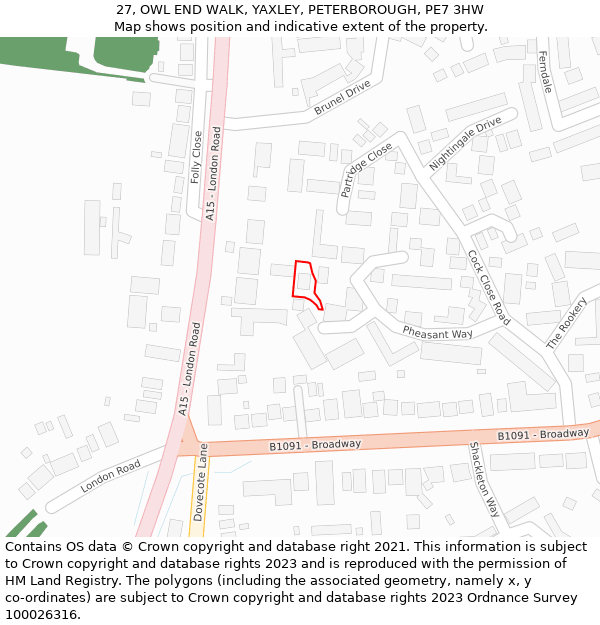 27, OWL END WALK, YAXLEY, PETERBOROUGH, PE7 3HW: Location map and indicative extent of plot