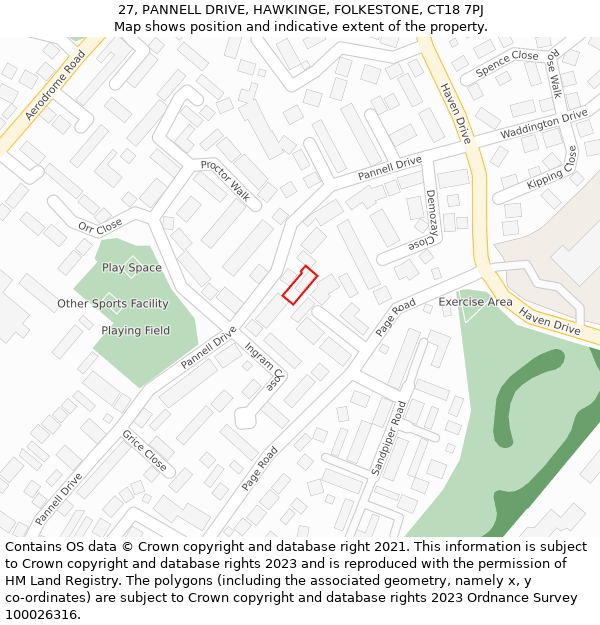 27, PANNELL DRIVE, HAWKINGE, FOLKESTONE, CT18 7PJ: Location map and indicative extent of plot