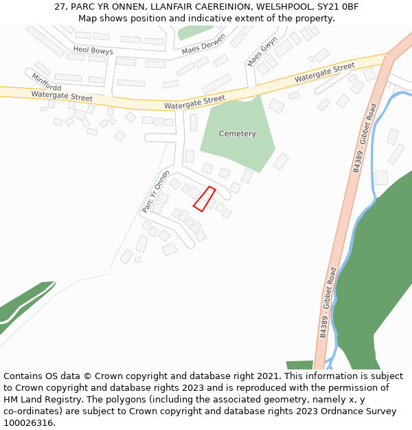 27, PARC YR ONNEN, LLANFAIR CAEREINION, WELSHPOOL, SY21 0BF: Location map and indicative extent of plot