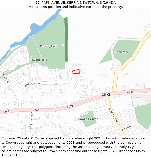 27, PARK AVENUE, KERRY, NEWTOWN, SY16 4DA: Location map and indicative extent of plot