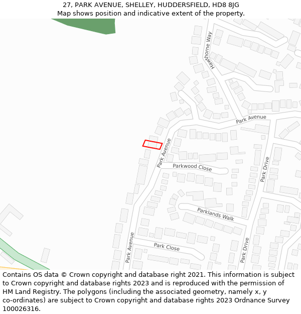 27, PARK AVENUE, SHELLEY, HUDDERSFIELD, HD8 8JG: Location map and indicative extent of plot