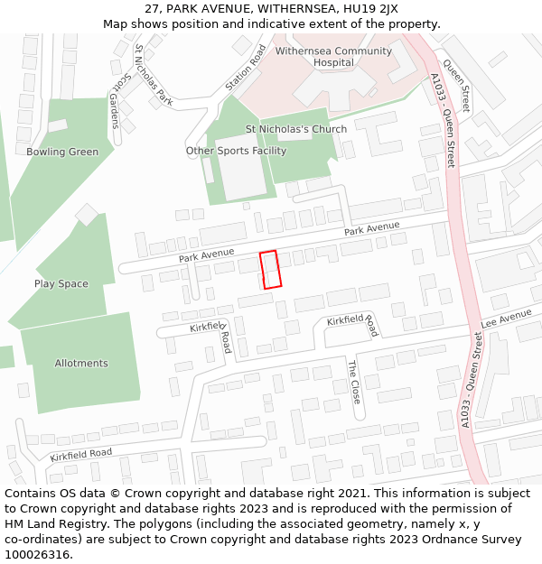 27, PARK AVENUE, WITHERNSEA, HU19 2JX: Location map and indicative extent of plot