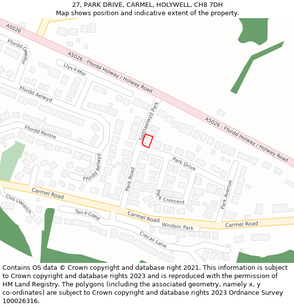 27, PARK DRIVE, CARMEL, HOLYWELL, CH8 7DH: Location map and indicative extent of plot