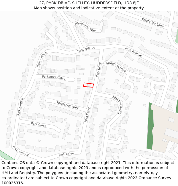 27, PARK DRIVE, SHELLEY, HUDDERSFIELD, HD8 8JE: Location map and indicative extent of plot