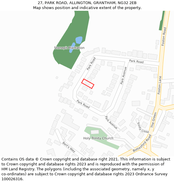 27, PARK ROAD, ALLINGTON, GRANTHAM, NG32 2EB: Location map and indicative extent of plot