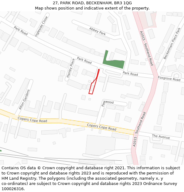27, PARK ROAD, BECKENHAM, BR3 1QG: Location map and indicative extent of plot