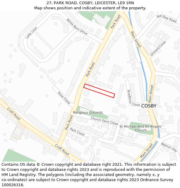 27, PARK ROAD, COSBY, LEICESTER, LE9 1RN: Location map and indicative extent of plot
