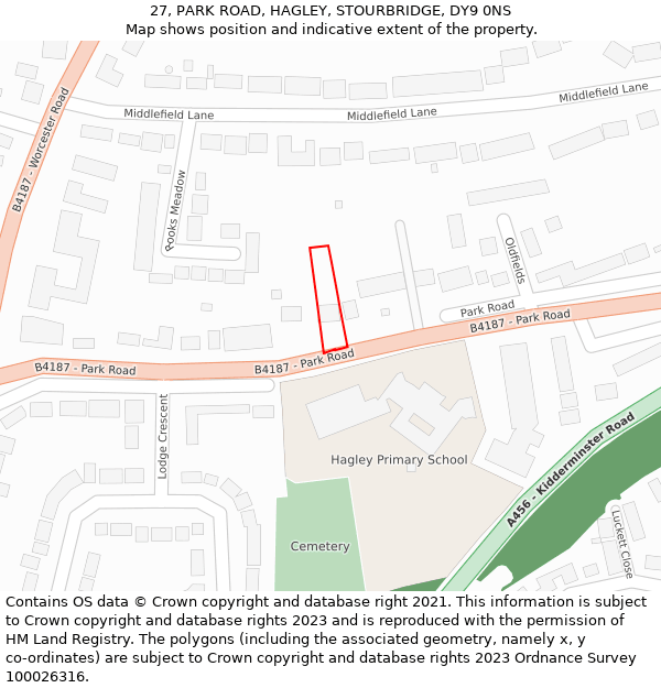 27, PARK ROAD, HAGLEY, STOURBRIDGE, DY9 0NS: Location map and indicative extent of plot