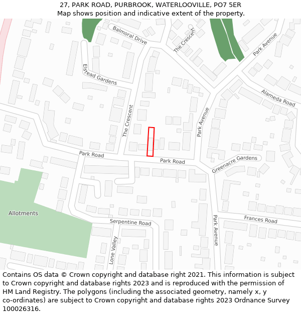 27, PARK ROAD, PURBROOK, WATERLOOVILLE, PO7 5ER: Location map and indicative extent of plot