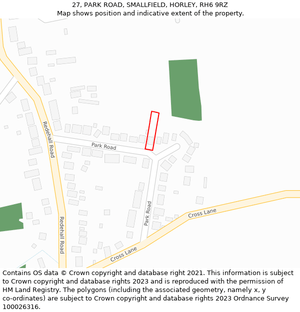 27, PARK ROAD, SMALLFIELD, HORLEY, RH6 9RZ: Location map and indicative extent of plot