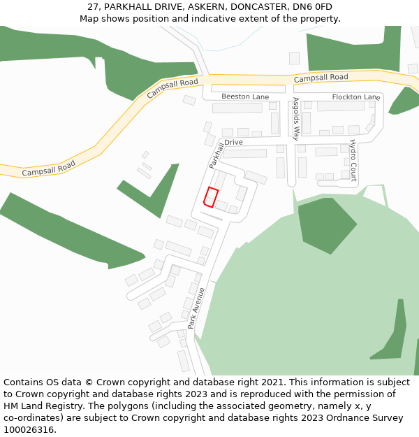 27, PARKHALL DRIVE, ASKERN, DONCASTER, DN6 0FD: Location map and indicative extent of plot