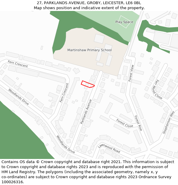 27, PARKLANDS AVENUE, GROBY, LEICESTER, LE6 0BL: Location map and indicative extent of plot
