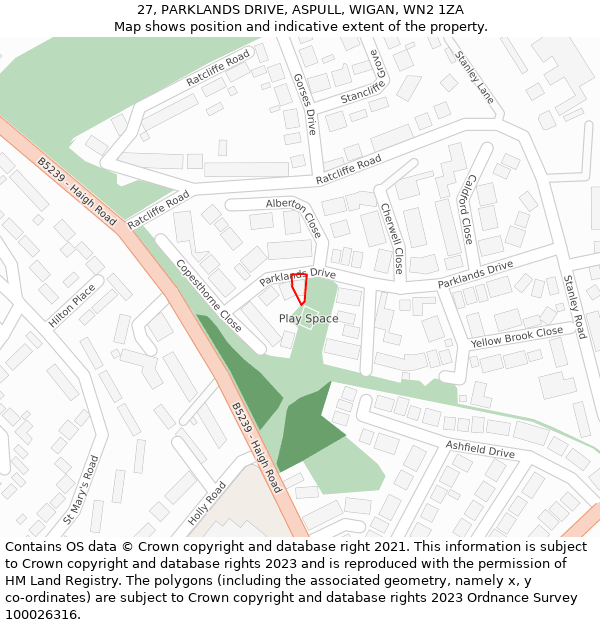 27, PARKLANDS DRIVE, ASPULL, WIGAN, WN2 1ZA: Location map and indicative extent of plot