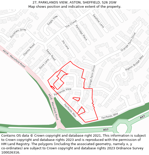 27, PARKLANDS VIEW, ASTON, SHEFFIELD, S26 2GW: Location map and indicative extent of plot