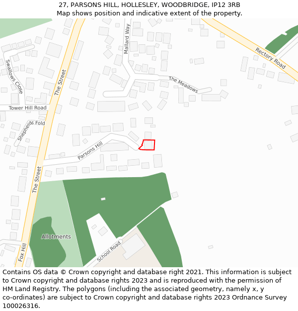 27, PARSONS HILL, HOLLESLEY, WOODBRIDGE, IP12 3RB: Location map and indicative extent of plot