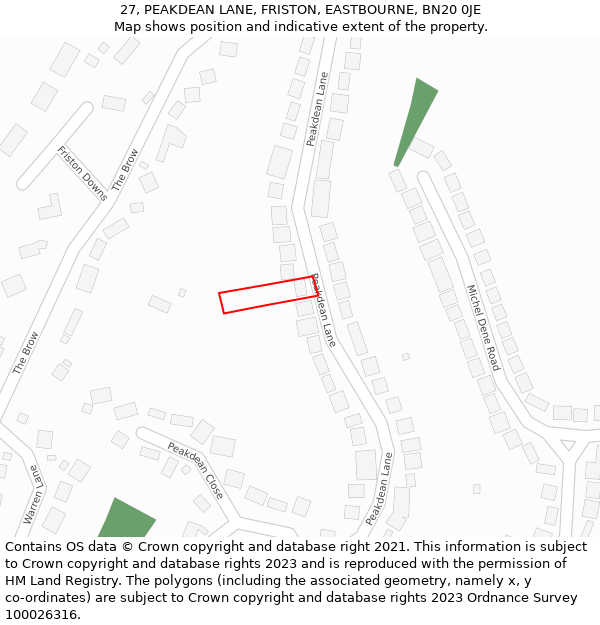 27, PEAKDEAN LANE, FRISTON, EASTBOURNE, BN20 0JE: Location map and indicative extent of plot