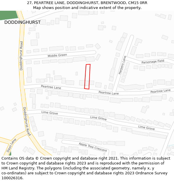 27, PEARTREE LANE, DODDINGHURST, BRENTWOOD, CM15 0RR: Location map and indicative extent of plot