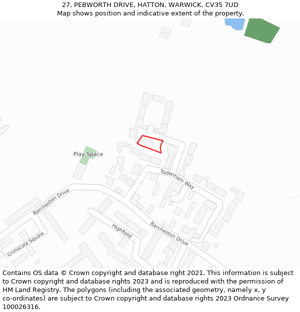 27, PEBWORTH DRIVE, HATTON, WARWICK, CV35 7UD: Location map and indicative extent of plot