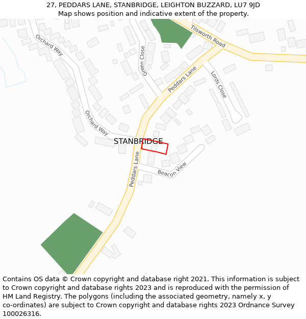 27, PEDDARS LANE, STANBRIDGE, LEIGHTON BUZZARD, LU7 9JD: Location map and indicative extent of plot